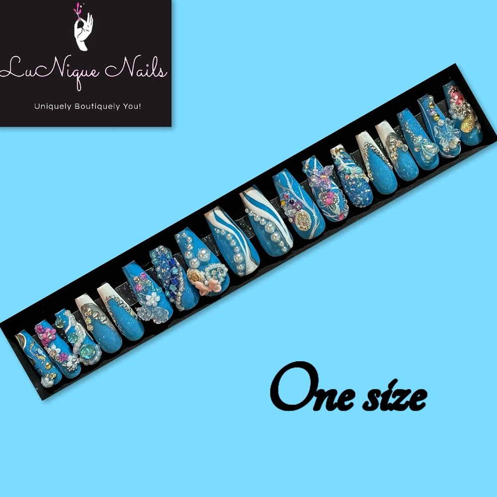 Pearly Blue Artistic Press On Nail Set-OSFA!